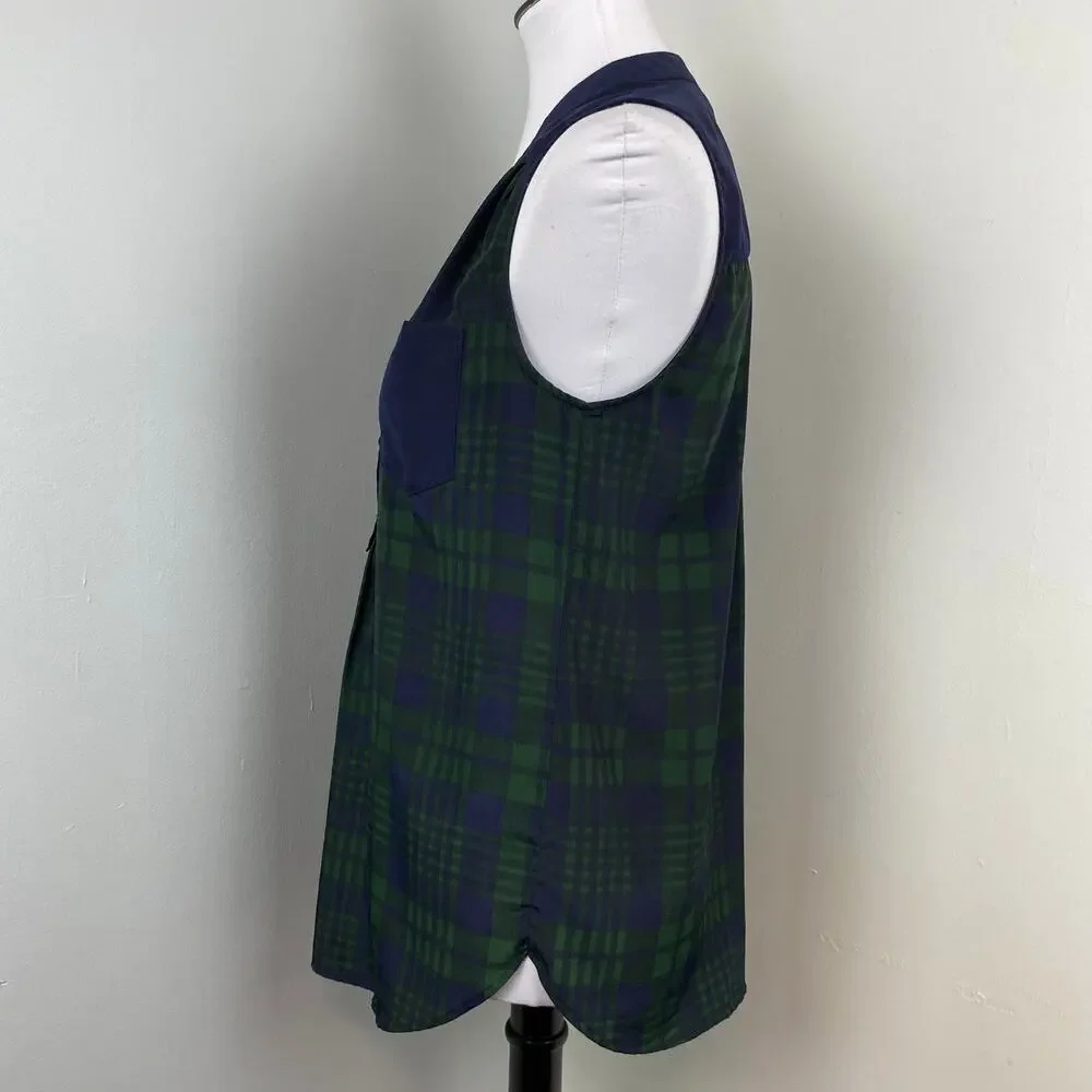 ModCloth Fervour Navy Green Tartan Plaid Sleeveless Blouse Small Holiday